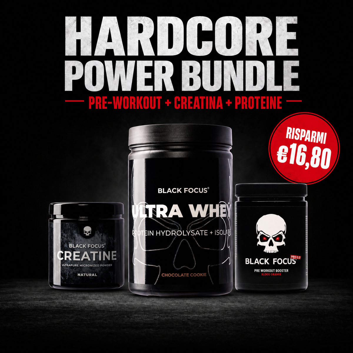 Hardcore Power Bundle — Pre-Workout, Creatina e Proteine. Risparmi €16,80