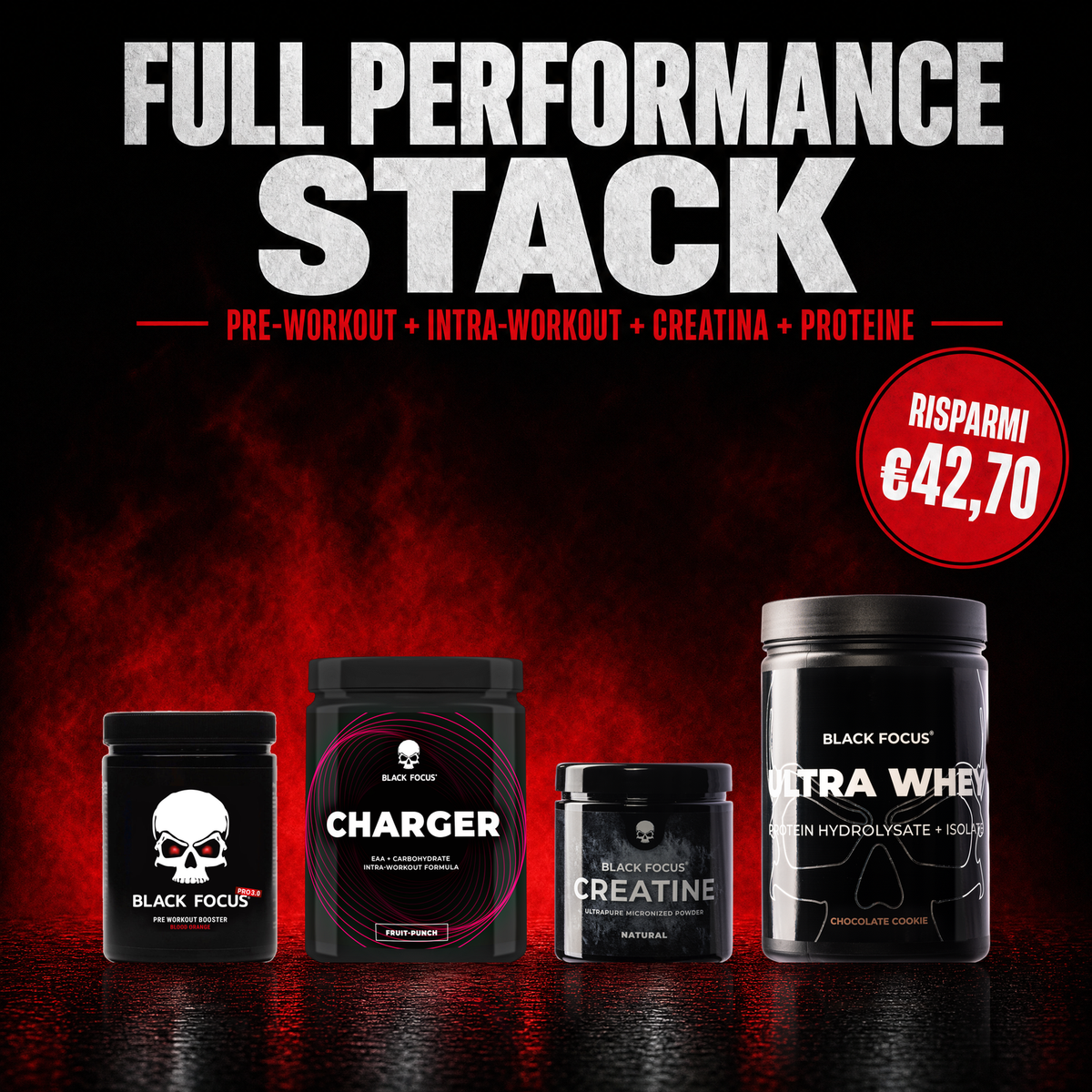 Full Performance Stack con Black Focus Pro, Charger, Creatina e Ultra Whey