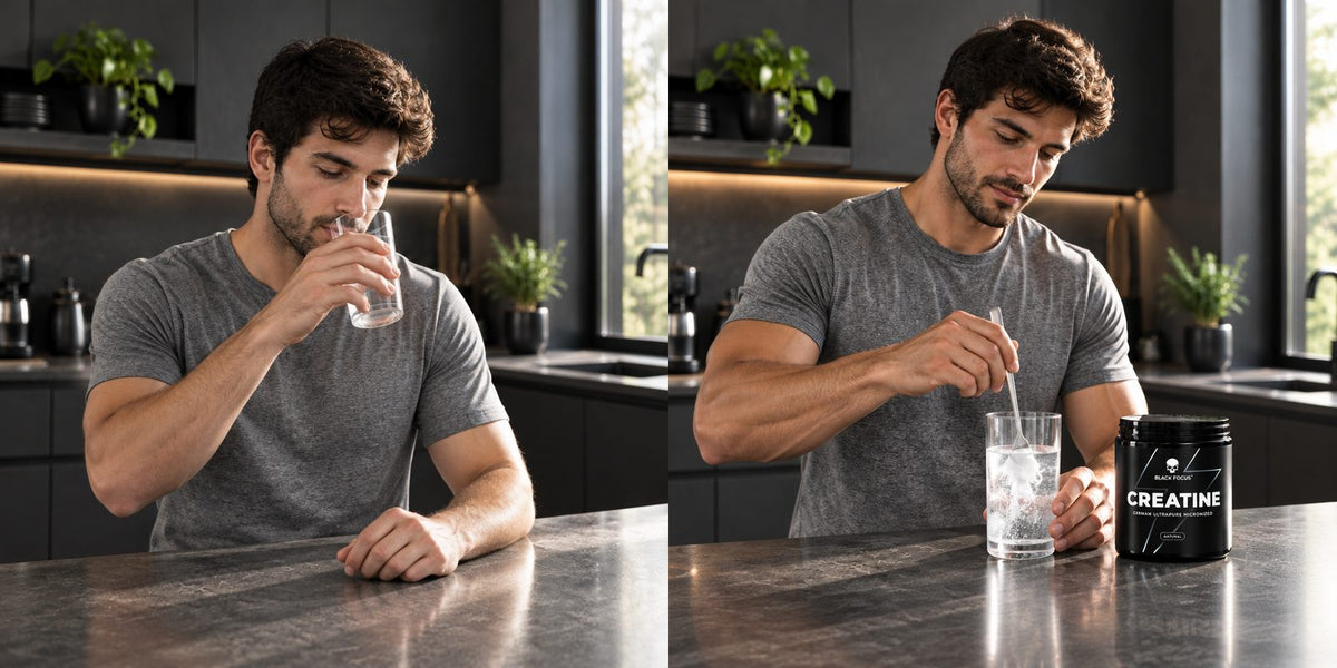 Fiktiver Athlet mit durchschnittlichem Körperbau trinkt in der Küche ein Glas Wasser, KI-Szenario