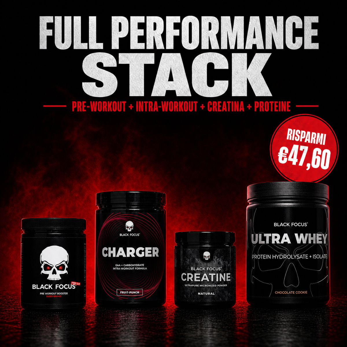 Full Performance Stack con Black Focus Pro, Charger, Creatina e Ultra Whey