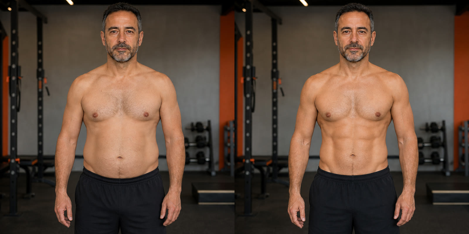 Uomo adulto immaginario con grasso corporeo moderato, scenario IA