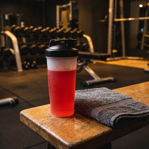 Transparenter Shaker ohne Marke mit einem roten Getränk auf einer Bank im Fitnessstudio