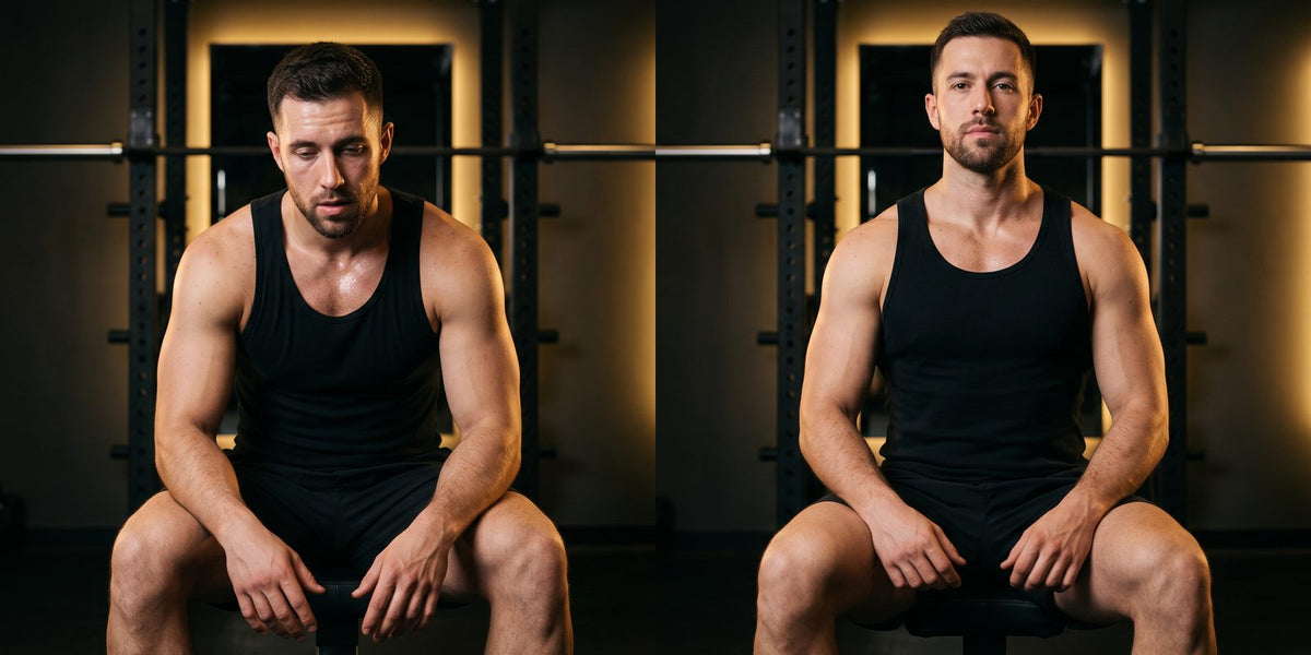 Erwachsener Athlet, müde auf einer Bank im Fitnessstudio zusammengesunken, vorher