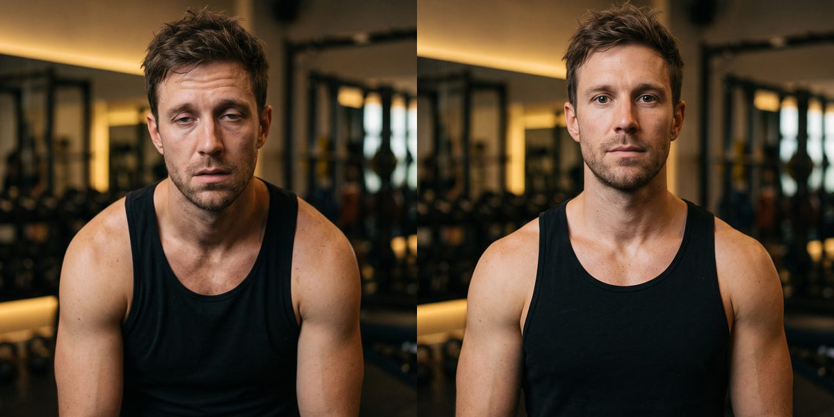 Erwachsener Athlet im Fitnessstudio mit müden Augen und hängenden Schultern, vorher