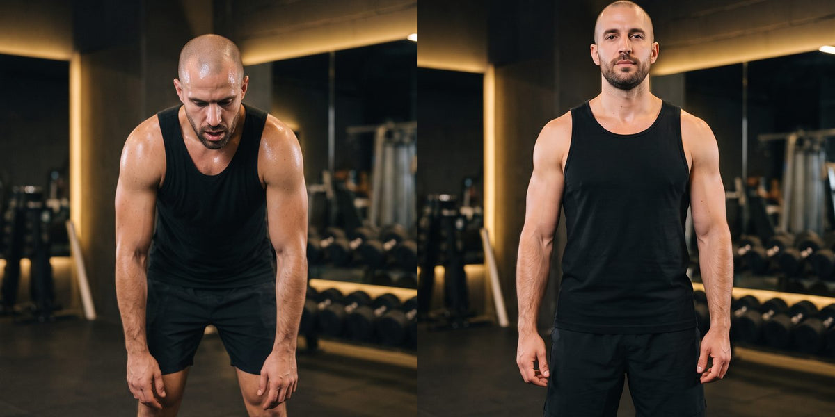 Erwachsener Athlet, erschöpft und gebeugt im Fitnessstudio, vorher