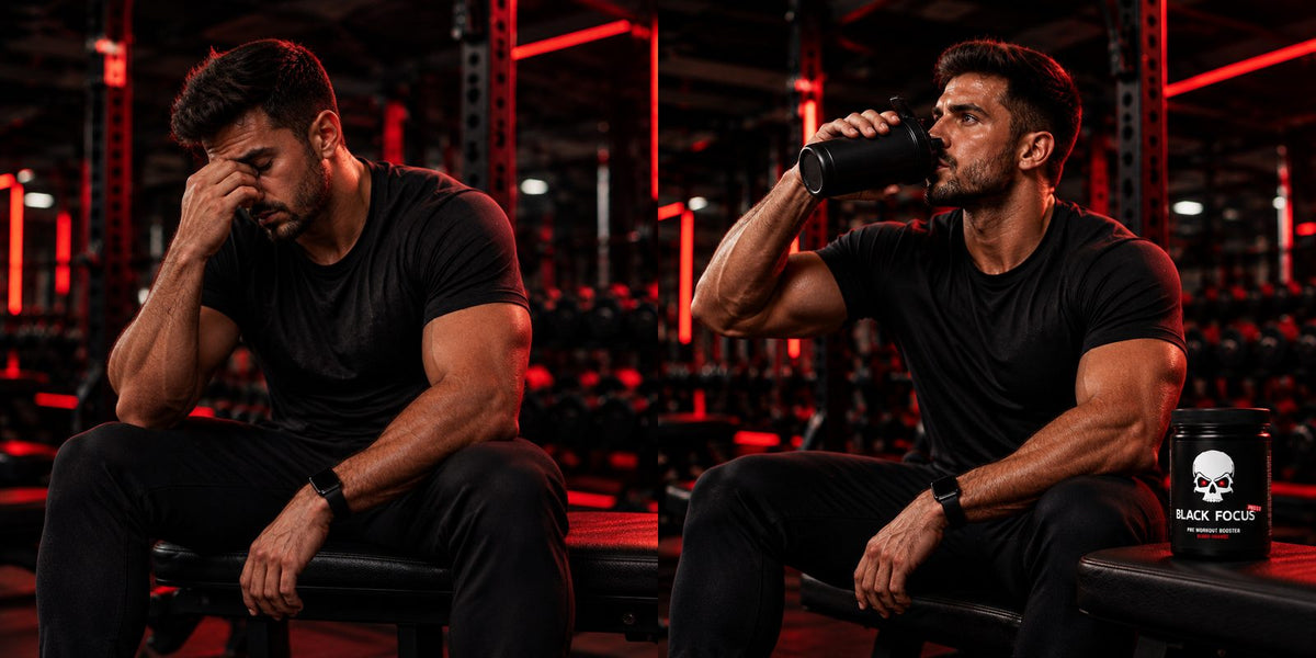 Fiktiver Athlet, müde und ohne Energie im Gym vor der Einheit, KI-Szenario