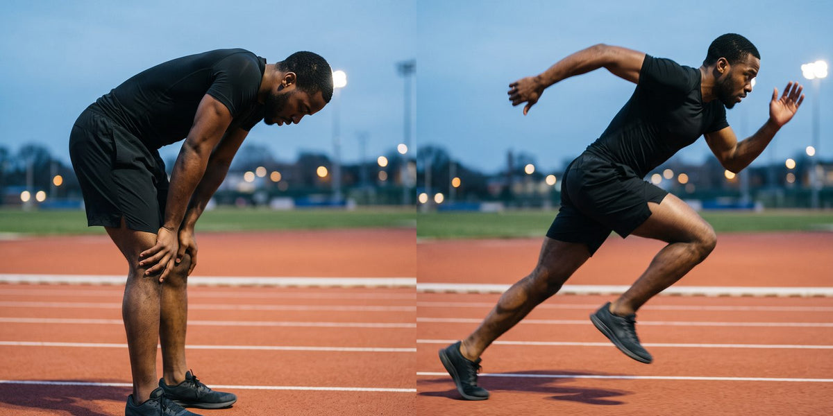 Atleta adulto piegato sulle ginocchia, stremato dopo uno sprint, prima