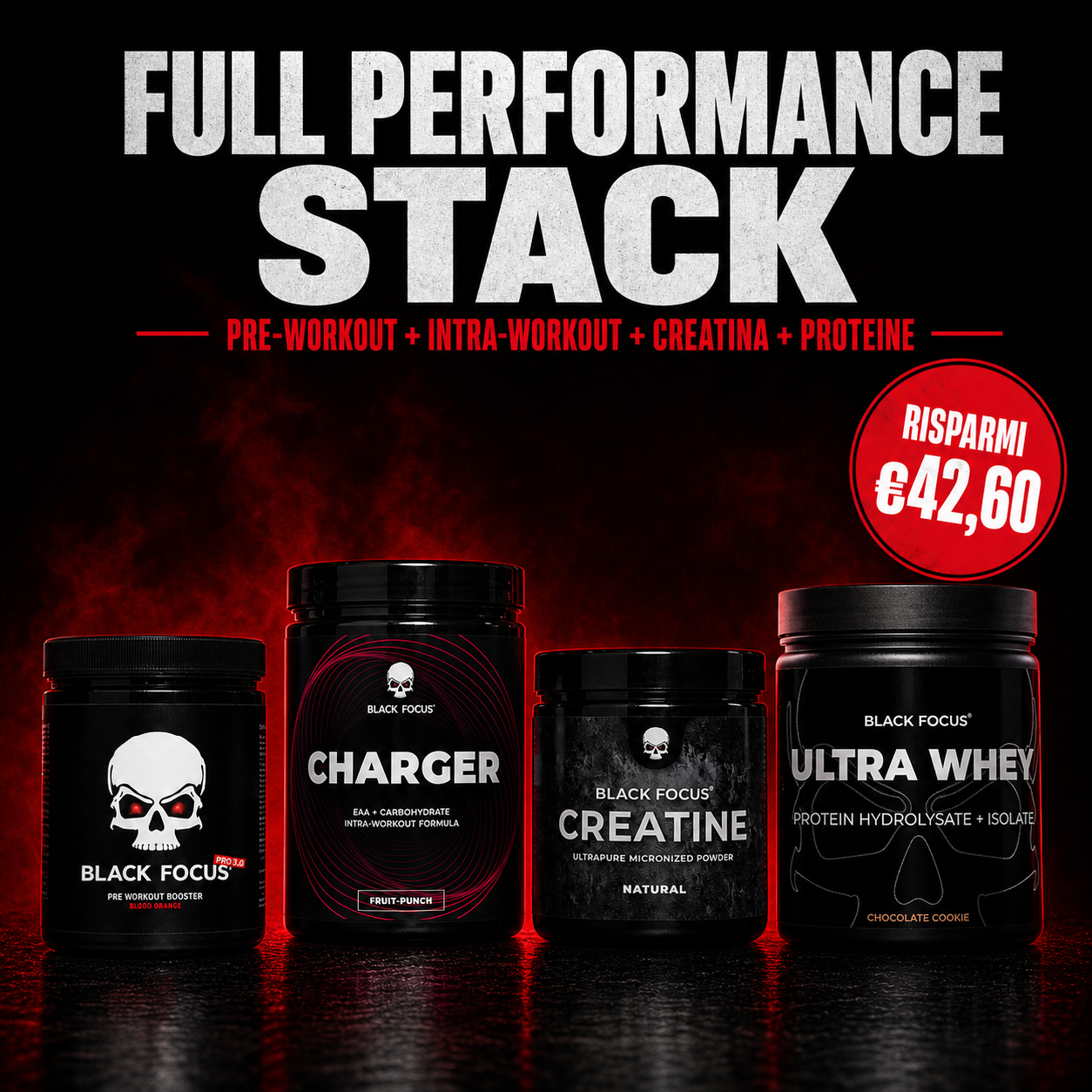 Full Performance Stack con Black Focus Pro, Charger, Creatina e Ultra Whey