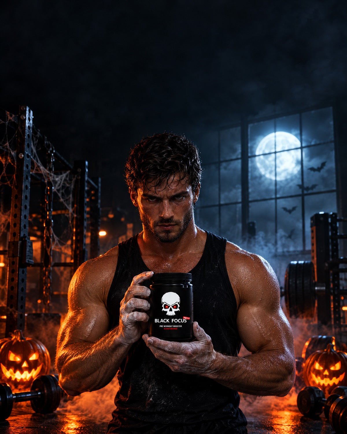 Atleta con Black Focus Pro 3.0 in una palestra a tema Halloween