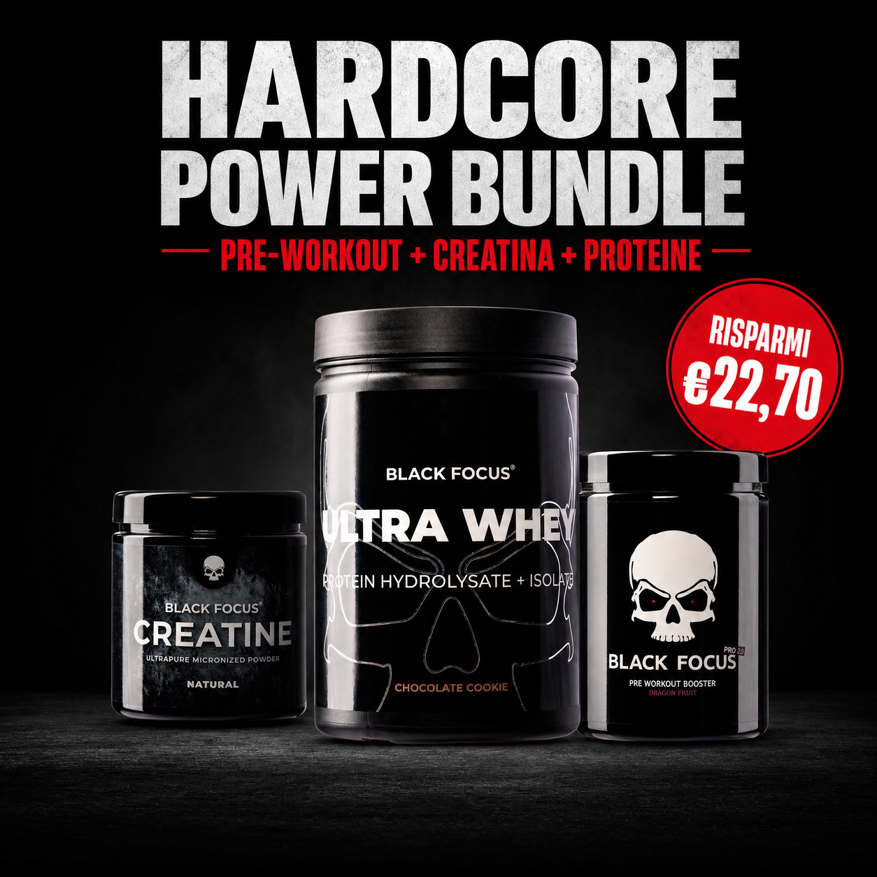 Hardcore Power Bundle con Black Focus Pro, Creatina e Ultra Whey