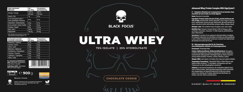 Vollständiges Etikett Ultra Whey, Geschmack Schokolade Keks