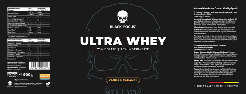 Vollständiges Etikett Ultra Whey, Geschmack Vanille-Karamell
