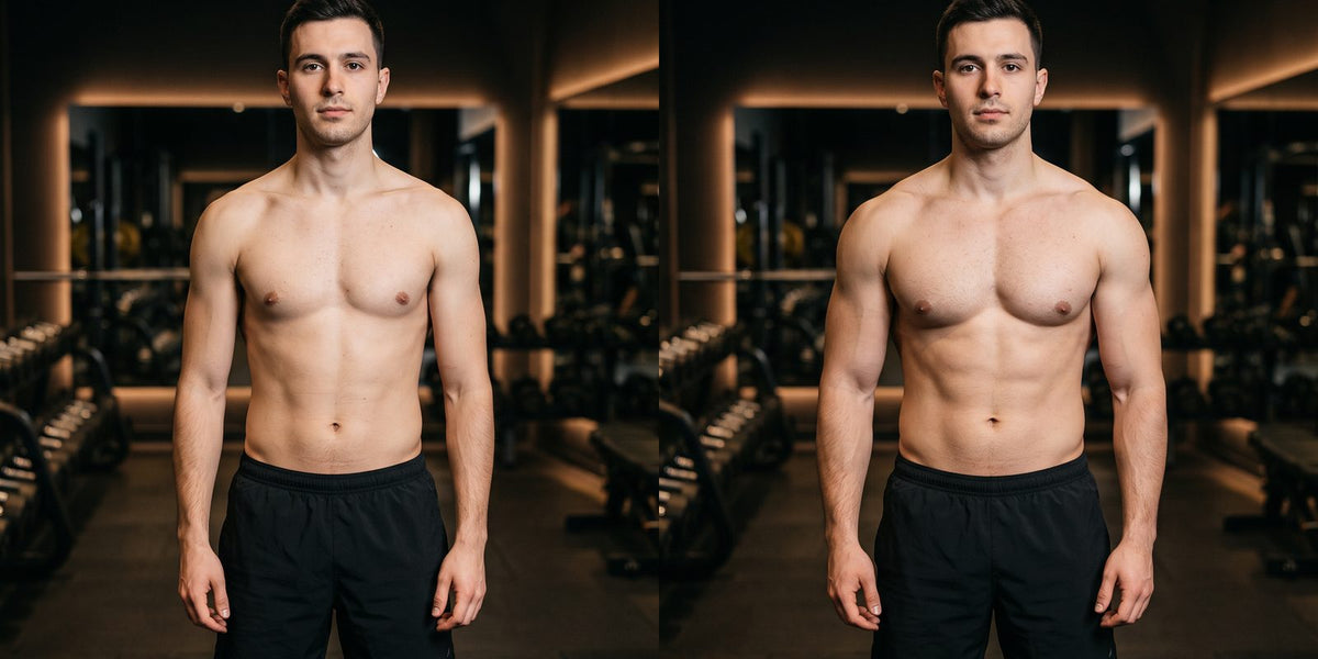 Junger Athlet im Fitnessstudio mit noch wenig entwickelter Muskulatur, vorher